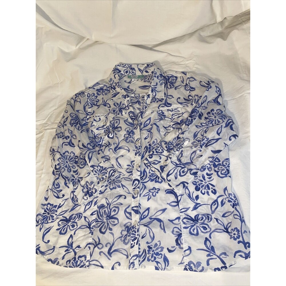 Japna Women's‎  XL  Button Up Shirt White Blue Floral Cotton Blouse , Collared